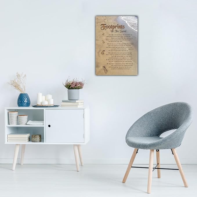 Footprints in the Sand Canvas Prints Wall Art, Footprints in the Sand Wall Art Decor, Inspirational Christian Poem Wall Poster Gift, Beach Picture Wall Art for Living Room Beach Office 18"Wx24"HInches