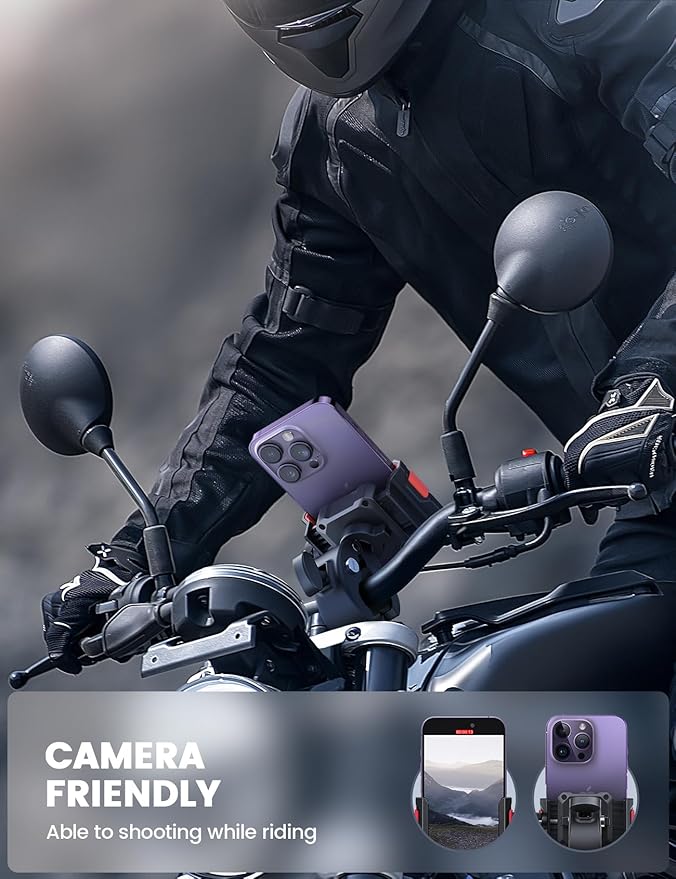 Lamicall Motorcycle Phone Mount Holder - [Camera Friendly] [1s Lock] Bike Phone Holder Handlebar Clamp, Bicycle Scooter Phone Clip, for iPhone Air, 17, 16, 15 Pro Max, Galaxy, 4.7-7" Phones, Red