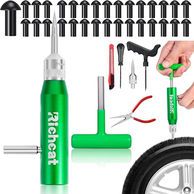 Richcat Tubeless Tire Puncture Repair Kit with Mushroom Plug, Repairs punctures and Flat Tires for Motorcycles, Cars, Trucks, ATVs and Tractors