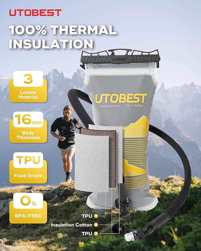 Insulated Water Bladder with Bite Valve Cover Keeps Water Cool or Warm for Hours, Leakproof TPU Hydration for Hiking Camping and Backpacking