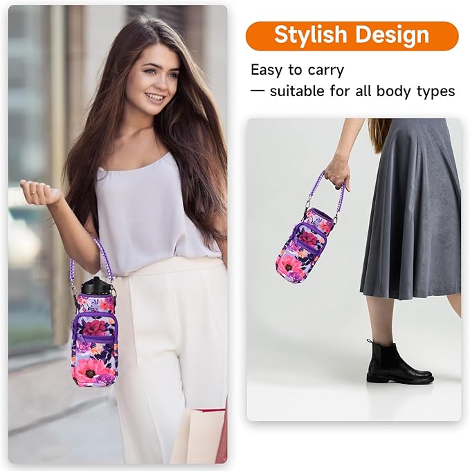 32/40/64/128 oz Neoprene Insulated Water Bottle Carrier Bag, Sling Bag Sleeve Pouch Holder with Strap & Paracord Handle and 2 Pocket for Travelling, Hiking, Camping