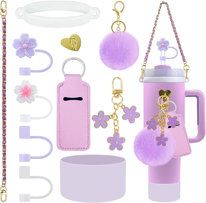 Velaco 11 PCS Accessories for Stanley Cup, Water Bottle Handle Strap for Stanley 30/40 oz tumbler with handle, including Straw Toppers, Silicone Cup Boot, Keychain Charms - Purple