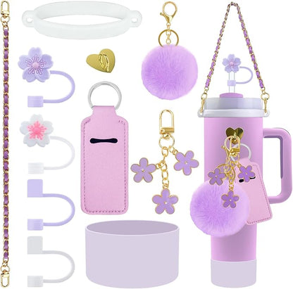 Velaco 11 PCS Accessories for Stanley Cup, Water Bottle Handle Strap for Stanley 30/40 oz tumbler with handle, including Straw Toppers, Silicone Cup Boot, Keychain Charms - Purple