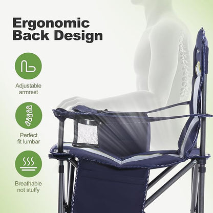 LET'S CAMP Oversized Folding Camping Chair Portable Outdoor Heavy Duty Padded Chairs Lawn Chair with Cup Holder, Storage Pocket and Cooler Bag, Supports 450LBS, for Camp, Travel, Picnic (Blue)