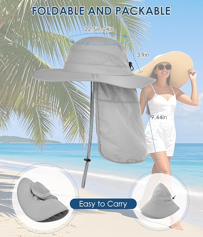 Men&Women Foldable Outdoor Sun Hat with Packable Neck Flap, UV Sun Protection Wide Brim Safari Cap