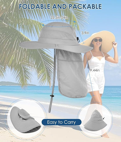 Men&Women Foldable Outdoor Sun Hat with Packable Neck Flap, UV Sun Protection Wide Brim Safari Cap