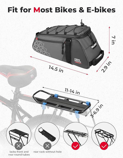 KEMIMOTO Rear Bike Rack Bag - 8L PVC Water Resistant Ebike Bags for Bicycle Rear Rack, Bicycle Trunk Pannier for Commuter Travel Shopping and Cycling (Grey)