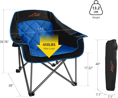FAIR WIND 2 Pack Oversized Padded Camping Chair Heavy Duty Quad Fold Arm Chair Portable for Outdoor - Support 450LBS, Blue