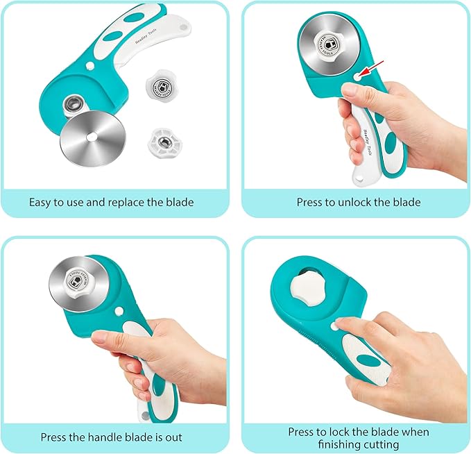 Headley Tools Rotary Cutter 60mm Upgraded with Bearing Design for Smoother and deeper cutting, Ergonomic Handle Rolling Cutter with Safety Lock for Fabric, Fabric, Leather, Crafting, Sewing, Turquoise
