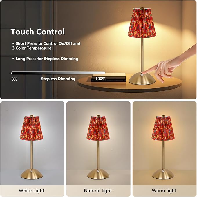 Cordless LED Table Lamp with Dimmer, Built-in Rechargeable Battery, 3-Level Brightness, Patio Table Lamp, Bedside Night Lamp, Ambient Light for Restaurant, Antique Brass (Yellow Flower)