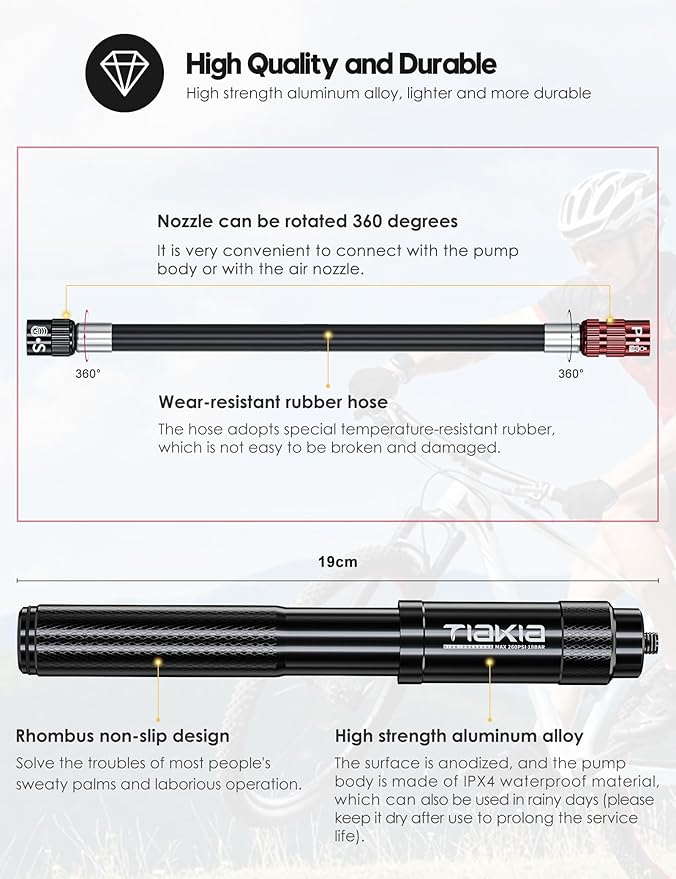 Tiakia Mini Bike Pump, Portable Bicycle Pump with Bracket, 260PSI High Pressure Frame Pump Air Hand Pump Fit Presta, Schrader & Woods Valves, Aluminum Alloy Tire Pump for Road/Mountain Bikes, Balls