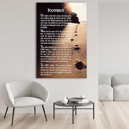 Footprints in the Sand Wall Art Decor, Footprints in the Sand Canvas Prints Wall Art, Inspirational Christian Poem Wall Poster Gift, Beach Picture Wall Art for Living Room Beach Office 32"Wx48"HInches