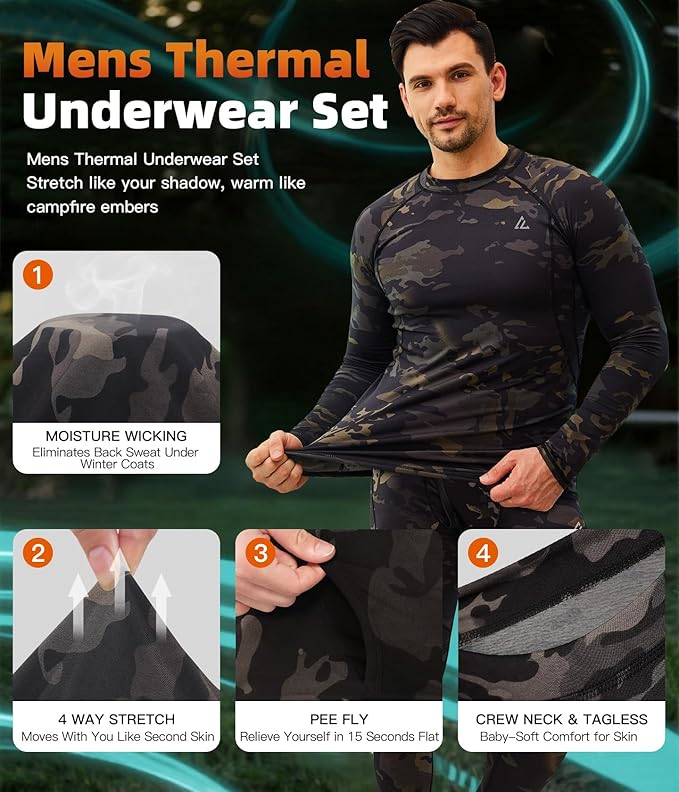 CL convallaria Mens Thermal Underwear Set with Fly Long Johns Base Layer Winter Hunting Gear Sport Top and Bottom