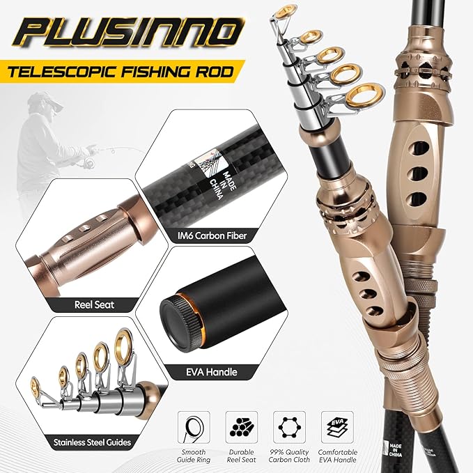 PLUSINNO Fishing Rod and Reel Combos Carbon Fiber Telescopic Fishing Pole with Reel Combo Sea Saltwater Freshwater Kit Fishing Rod Kit