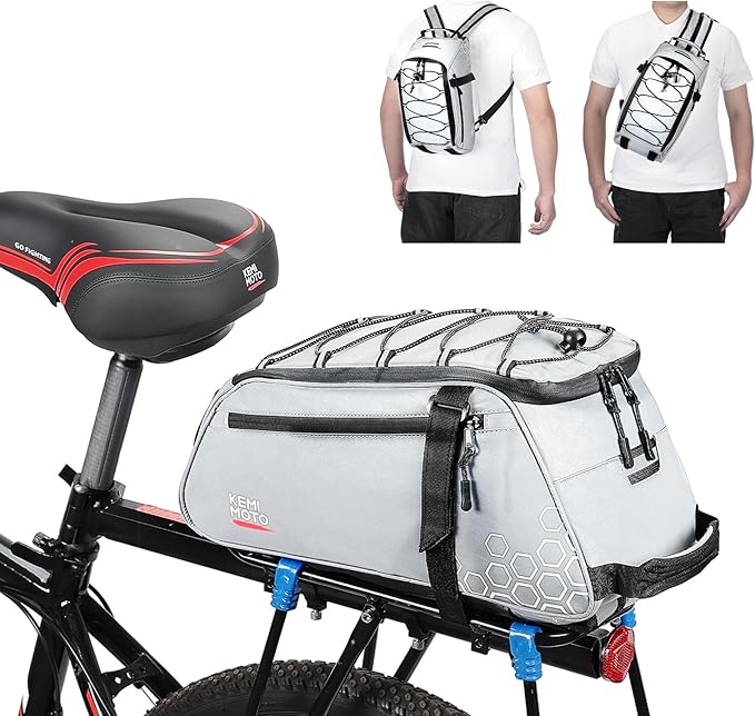 KEMIMOTO 11L Bike Bag for Bicycle Rear Rack, Fully Reflective 3-in-1 Carrying Style Bike Trunk Bag, Water-Resistant E-bike Saddle Pannier Bag with Shoulder Strap for Bike Backpack