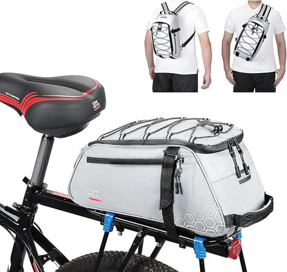 KEMIMOTO 11L Bike Bag for Bicycle Rear Rack, Fully Reflective 3-in-1 Carrying Style Bike Trunk Bag, Water-Resistant E-bike Saddle Pannier Bag with Shoulder Strap for Bike Backpack