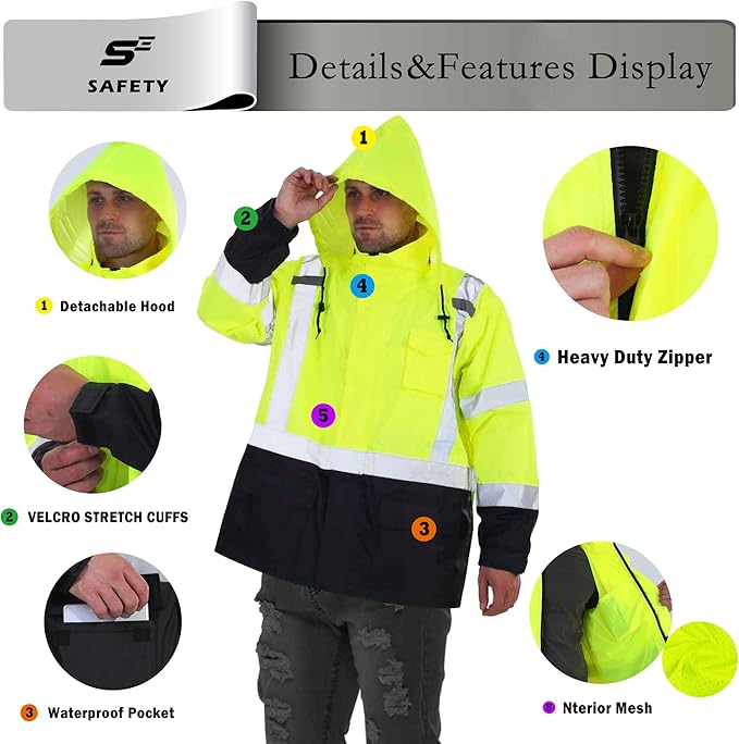 sesafety Hi Vis Rain Jacket, Rain Suits for Men Waterproof withBlack Bottom, Rain Coats for Men Interior Mesh, Class 3 HighVisibility Rain Gear,Removable Hood