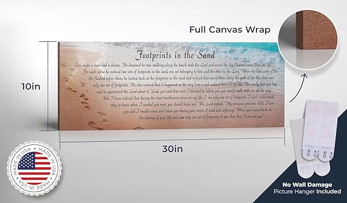 Footprints in the Sand Wall Decor, Footprints in the Sand Inspirational Wall Art, Beach Decor, Christian Gifts for Men and Women Chrisitan Wall Decor, Sympathy Gift.Ready To Hang, C3100-10x30