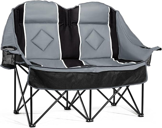 Oversized Double Camping Loveseat Chair for Adults, XL Heavy Duty 2 Person Comfy Couch with Cup Holders & Storage Pocket, Folding Portable Outdoor Chair for Camp, Yard, Fishing, Lawn,Tailgating