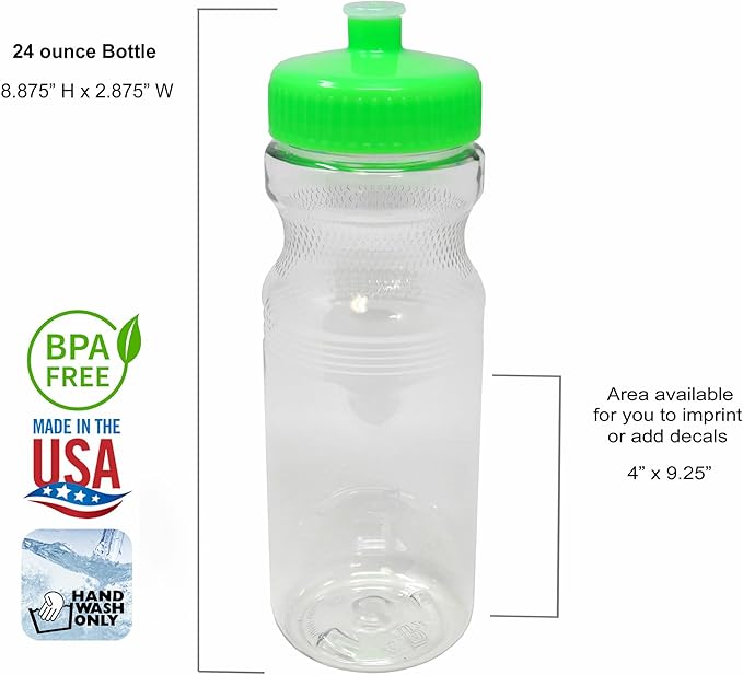 Rolling Sands USA Made 24 Ounce Sports Water Bottles - 30 Pack BPA-Free Blank Plastic Bottles for Teams, Gyms & Studios - Translucent Clear Bottle/Lime Green Lid