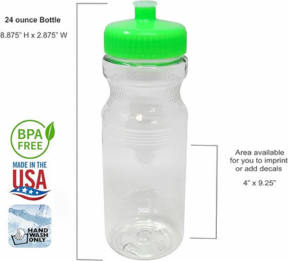 Rolling Sands USA Made 24 Ounce Sports Water Bottles - 30 Pack BPA-Free Blank Plastic Bottles for Teams, Gyms & Studios - Translucent Clear Bottle/Lime Green Lid