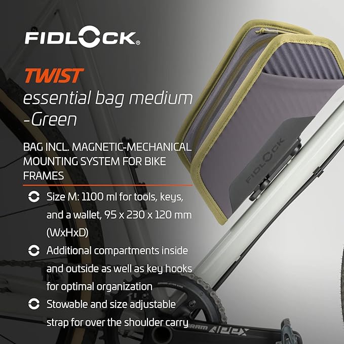 FIDLOCK Twist Essential Bag with Bike Base | Optimized for Bike’s Frame Triangle | Splash-Proof Material Closure | Additional Compartments Inside and Outside | Green | Medium