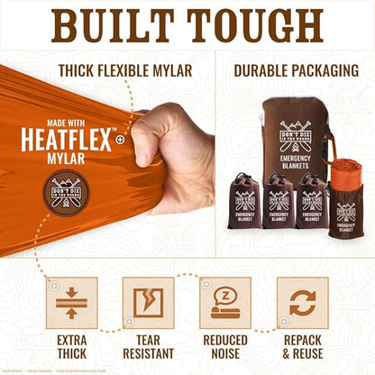 Don't Die In The Woods - Extra Thick Emergency Blankets [4-Pack] World’s Toughest Thermal Mylar Space Blanket | Outdoor Survival Gear for Hiking Camping First Aid Kit (Orange)