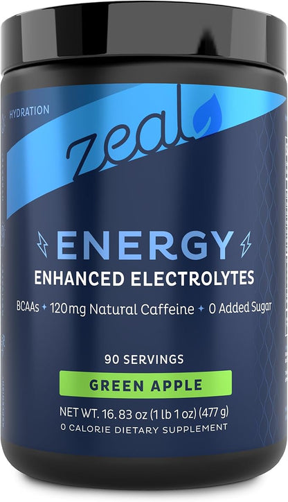 Zeal Electrolyte Powder - 90 Servings | Keto Electrolytes Powder | Zero Sugar, BCAAs, B-Vitamins | Potassium, Zinc, Magnesium | Hydration Powder Recovery Drink | Green Apple