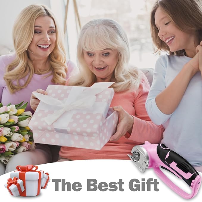 Cordless Electric Scissors, 4V Box Cutter & Cardboard Cutter with 2 Titanium Blades - Rotary Cutter with LED Light for Fabric, Leather, Carpet, Plastic, Crafting + Storage Case (Pink)