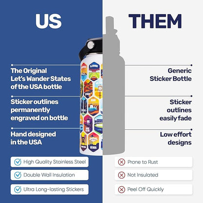 LET'S WANDER 50 States Water Bottle with Waterproof Stickers - 32oz Leakproof Insulated Stainless Steel with Straw - States of the USA Gift Bottle (White)