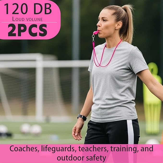 Pink Whistles with Mouthpiece, 2 Pack Plastic Sports Emergency Whistles with Lanyard – Loud Crisp Sound for Coaches, Lifeguards, Teachers, Dog Training and Outdoor Safety