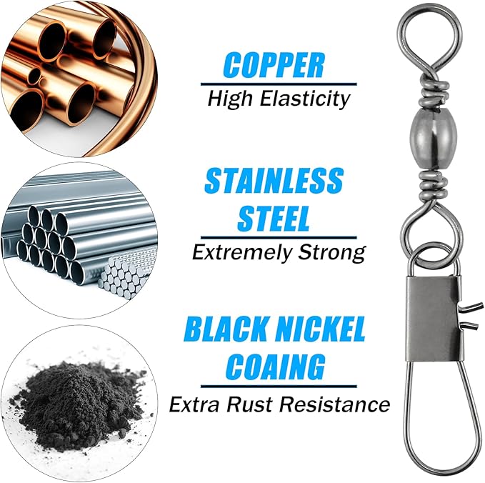 Dr.Fish 50 Pack Fishing Snap Swivels, Barrel Swivels Fishing Tackles, Stainless Steel Safty Interlock Snaps Leader Line Lure Connector Fresh&Saltwater 26-132Lb