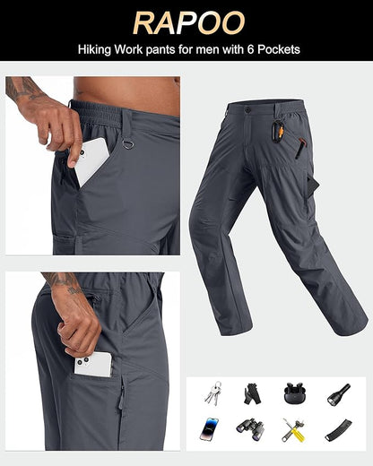 Rapoo Mens Hiking Pants Lightweight Water Resistant Breathable Nylon Cargo Pants with 6 Pockets