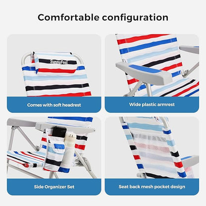 SUNNYFEEL Portable Beach Chair, Folding Low Back Beach Chair, Lightweight Camp Chair with Reclining Position, Backpack Lounger for Beach, Camping, Lawn, Outdoor, Red Blue White Striped