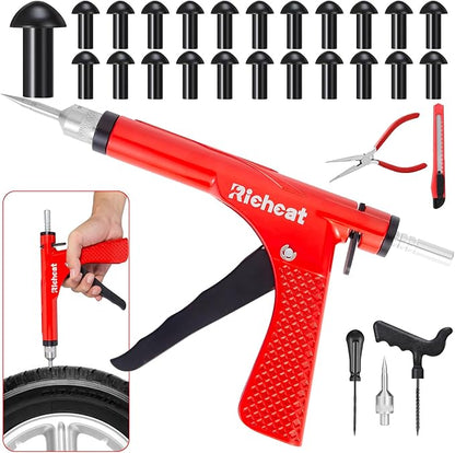 Richcat Tubeless Tire Puncture Repair Kit with Mushroom Plug, Repairs punctures and Flat Tires for Motorcycles, Cars, Trucks, ATVs,Gun Puncture Repair Kit