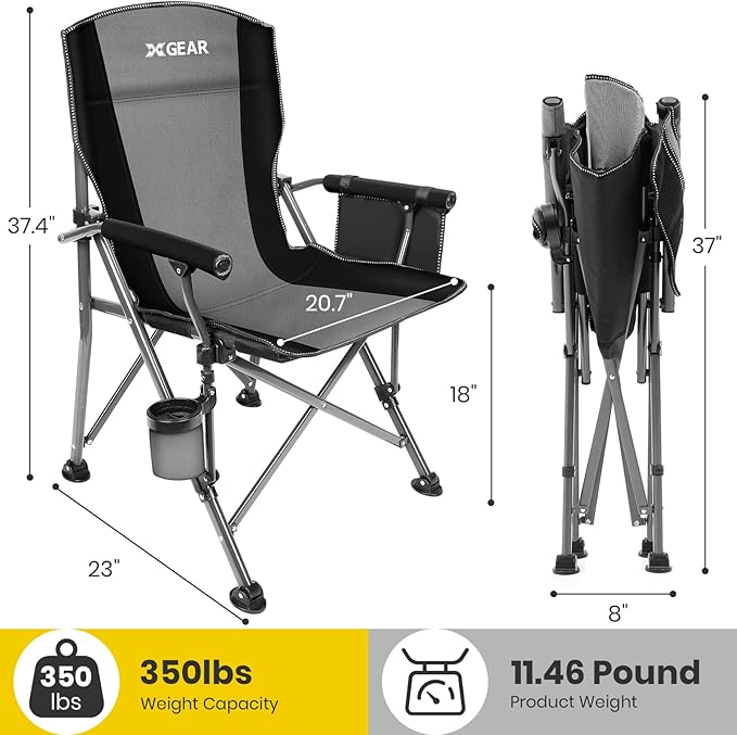 XGEAR Camping Chair with Padded Hard Armrest, Sturdy Folding Camp Chair with Cup Holder, Storage Pockets Carry Bag Included, Support to 400 lbs