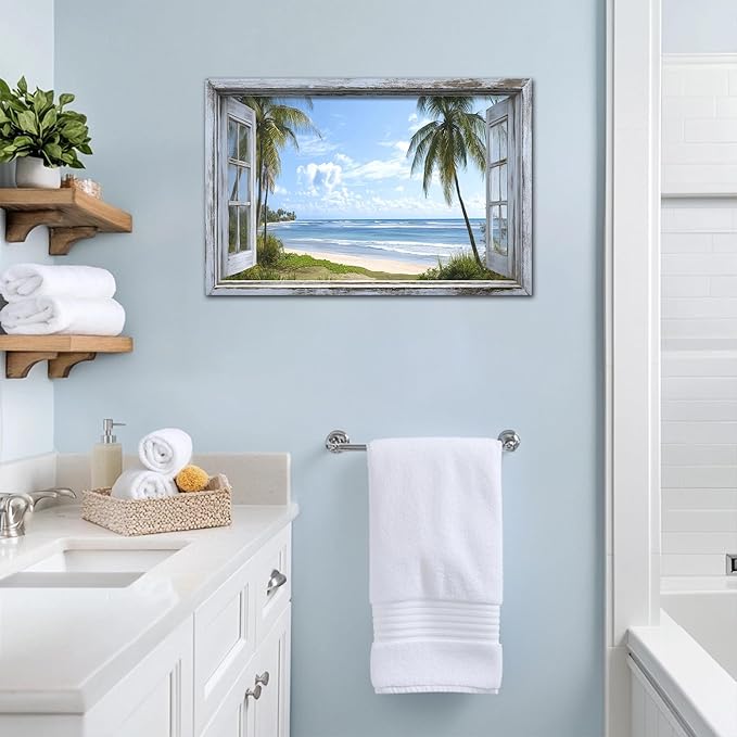 ANRUOXI Beach Wall Art, Blue Ocean Canvas Prints Wall Decor, Window Frame Style Sea Canvas Wall Decor, Ocean Seaside Painting, Nature Coastal Landscape Framed Artwork for Living Room Office 28x40 Inch