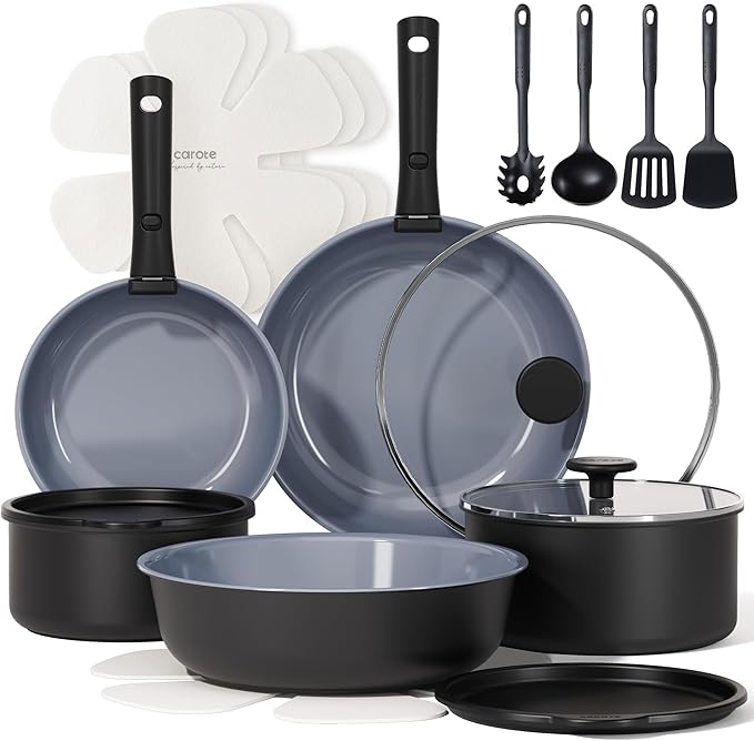 CAROTE 19PCS Ceramic Cookware Sets, Pots and Pans Set Non Stick Non Toxic, Induction Cookware, Kitchen Cookware Sets, Pots Set for Healthy Coooking, Gray