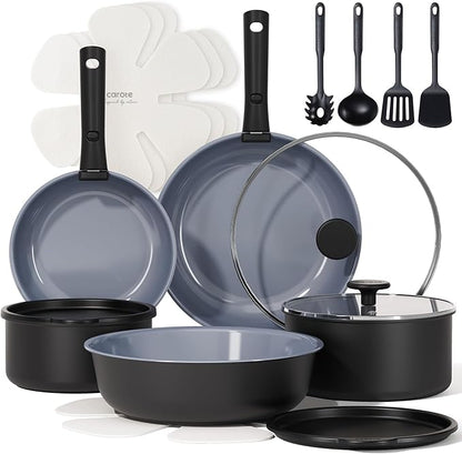 CAROTE 19PCS Ceramic Cookware Sets, Pots and Pans Set Non Stick Non Toxic, Induction Cookware, Kitchen Cookware Sets, Pots Set for Healthy Coooking, Gray