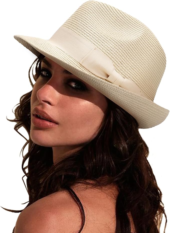 DRESHOW Women Straw Sun Hat Short Brim Panama Travel Fedora Beach Cap Roll up Summer Hat for Women Men UPF 50+