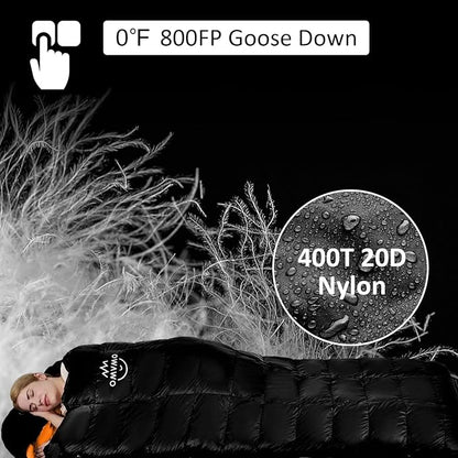 -10°F 0°F 10°F 15°F Down Sleeping Bag for Adults,800/650 Fill Power,Ultralight Wearable 4 Season Cold Weather Rectangle Sleeping Bag for Camping Hiking,Can be Used as a Down Blanket or Cloak