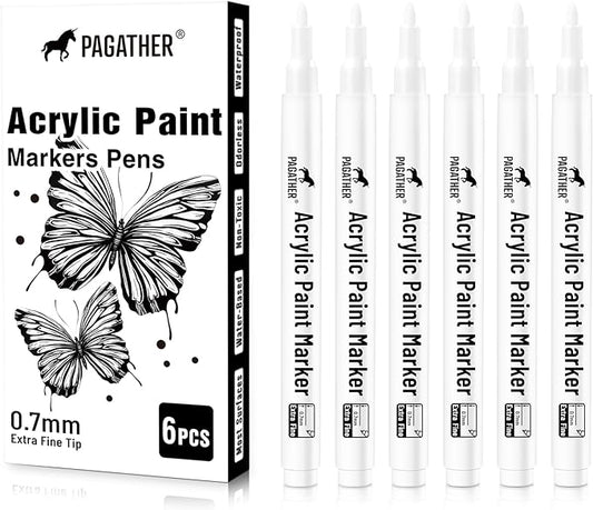Acrylic White Paint Pens - 6 Pack 0.7mm Extra Fine White Paint Marker for Rock Painting, Wood, Metal, Fabric, Plastic, Canvas, Glass, Ceramic, Diy Crafts