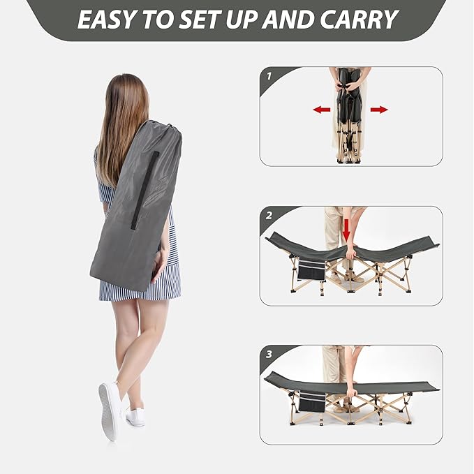 Folding Camping Cot for Sleeping, Portable Cots for Adults, Heavy Duty Cot Bed 550LBS(Max Load), Extra Wider Cots with Large Pocket for Outdoor, Office, Beach