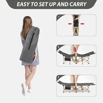 Folding Camping Cot for Sleeping, Portable Cots for Adults, Heavy Duty Cot Bed 550LBS(Max Load), Extra Wider Cots with Large Pocket for Outdoor, Office, Beach