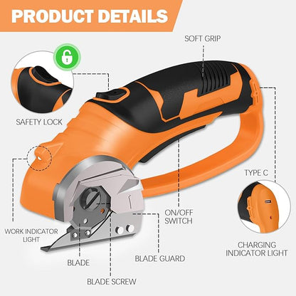 Cordless Electric Scissors, 4V Box Cutter & Cardboard Cutter with 2 Titanium Blades - Rotary Cutter with LED Light for Fabric, Leather, Carpet, Plastic, Crafting + Storage Case (Orange)