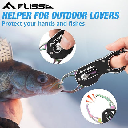 FLISSA Fish Gripper, Fish Lip Grip Tool with Carabiner and Spring Anti-Lost Rope, Durable Stainless Steel Fish Grabber Gripper, Lightweight Holder for Fishing, Corrosion Resistant & Portable