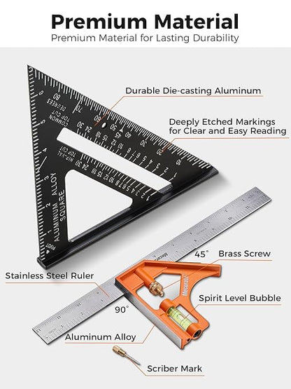 Mecurate 7-Inch Rafter Square and 12-Inch Combination Square Set, Precise Measuring, Easy-to-Read, Durable Carpenter and Combo Tools for Woodworking, Metalworking, Cutting Guidance & DIY Projects
