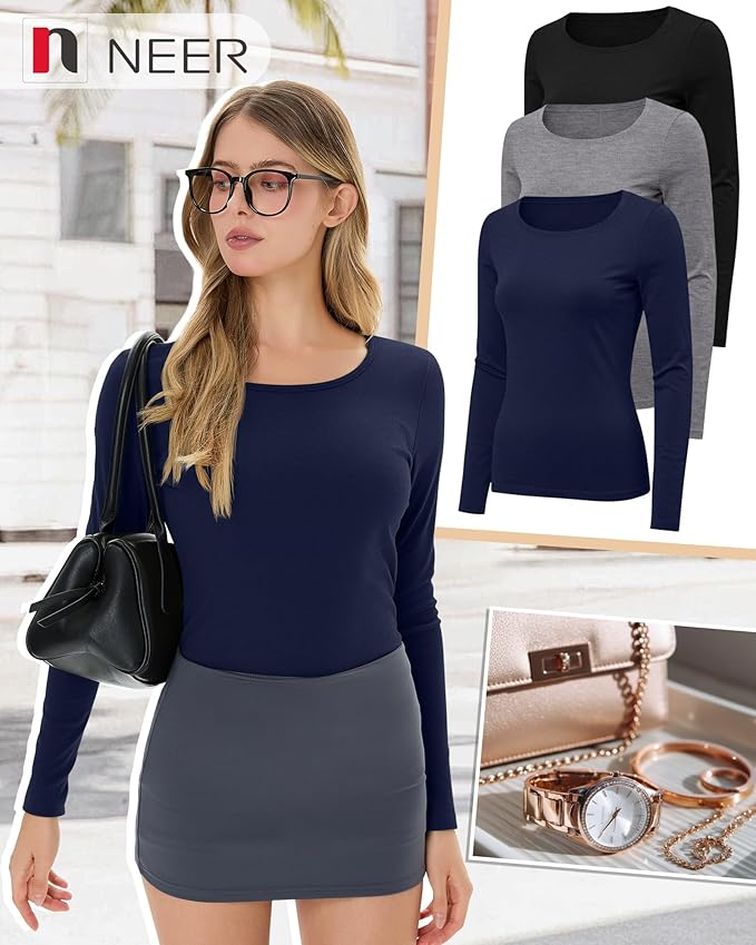 Neer 3 Pack Women's Thermal Shirts Long Sleeve Crew Neck Fleece Lined Undershirts Slim Fit Basic Tops Winter Base Layer