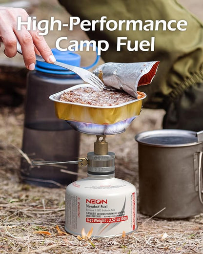 NEON Isobutane Fuel Canister, Portable Camping Gas 100g, Efficient and High Output Butane for Camp Stove, Backpacking, Hiking, Lanterns, Outdoor Cooking, Suitable for All Seasons