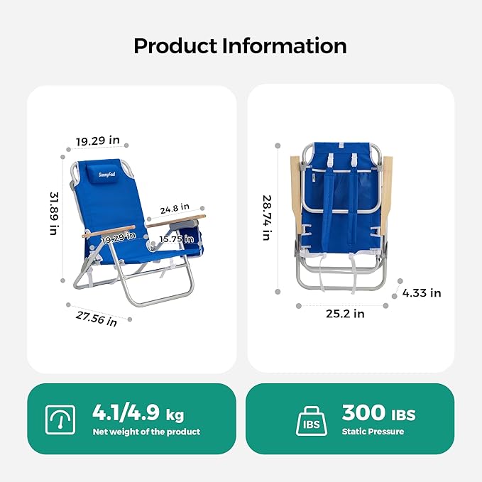 SUNNYFEEL Low Back Folding Beach Chair, Aluminum Heavy Duty Beach Chair with 3 Reclining Position, Portable Camping Chair for Adults with Wood Armrest, Lightweight Camping Chair 300lbs, Blue, 2 Pack